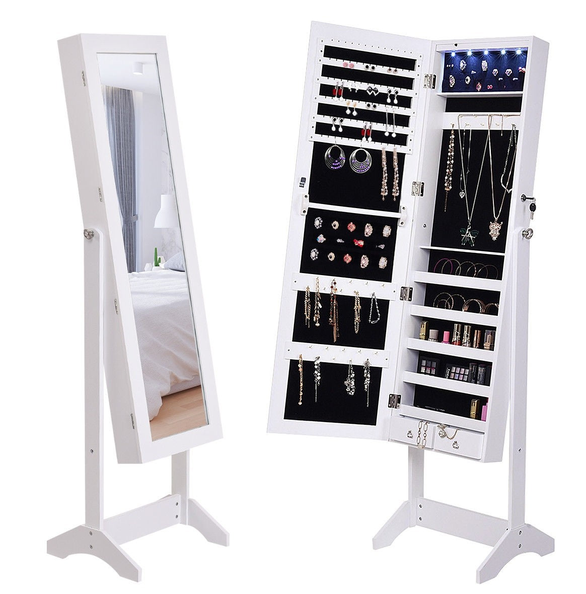 Mirrored Jewelry Armoire Lockable Storage Cabinet with Lights