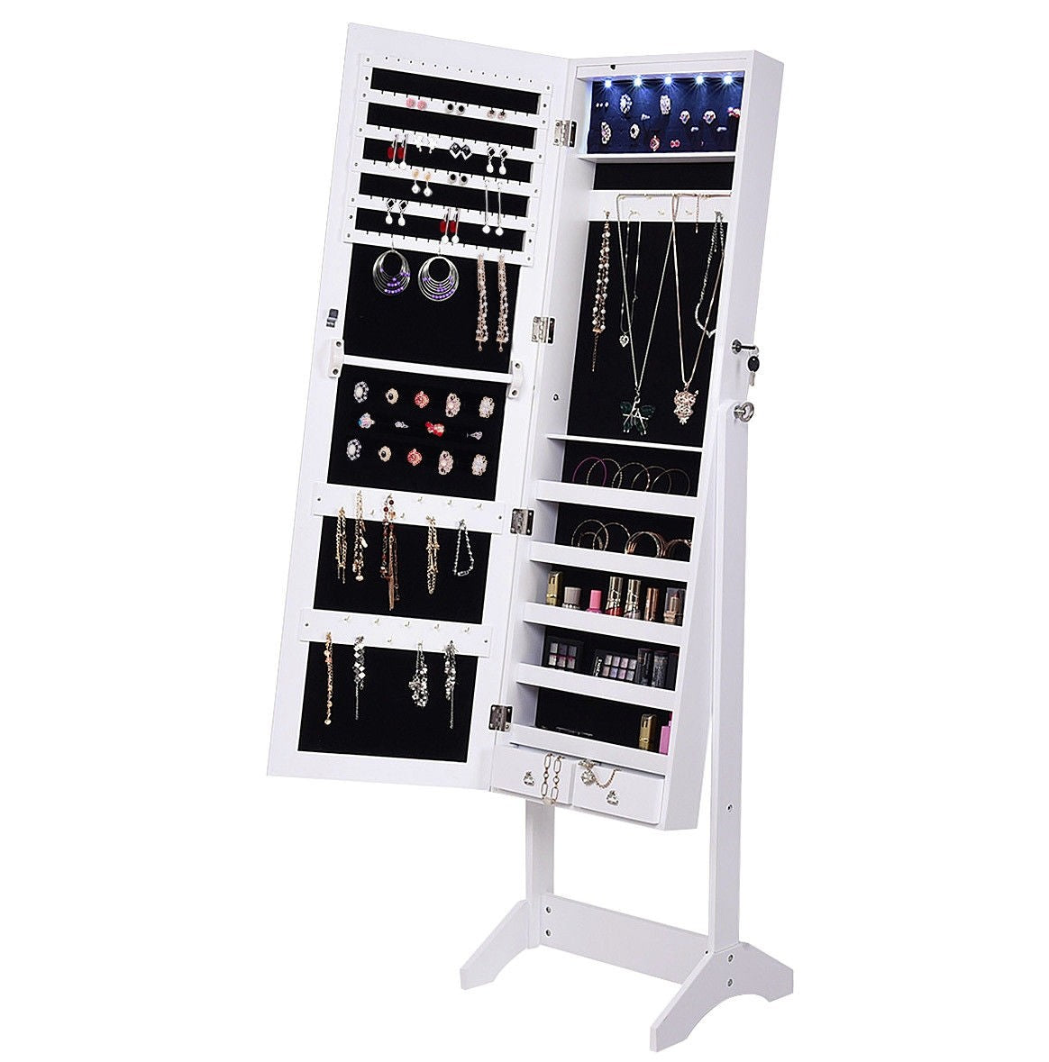 Mirrored Jewelry Armoire Lockable Storage Cabinet with Lights