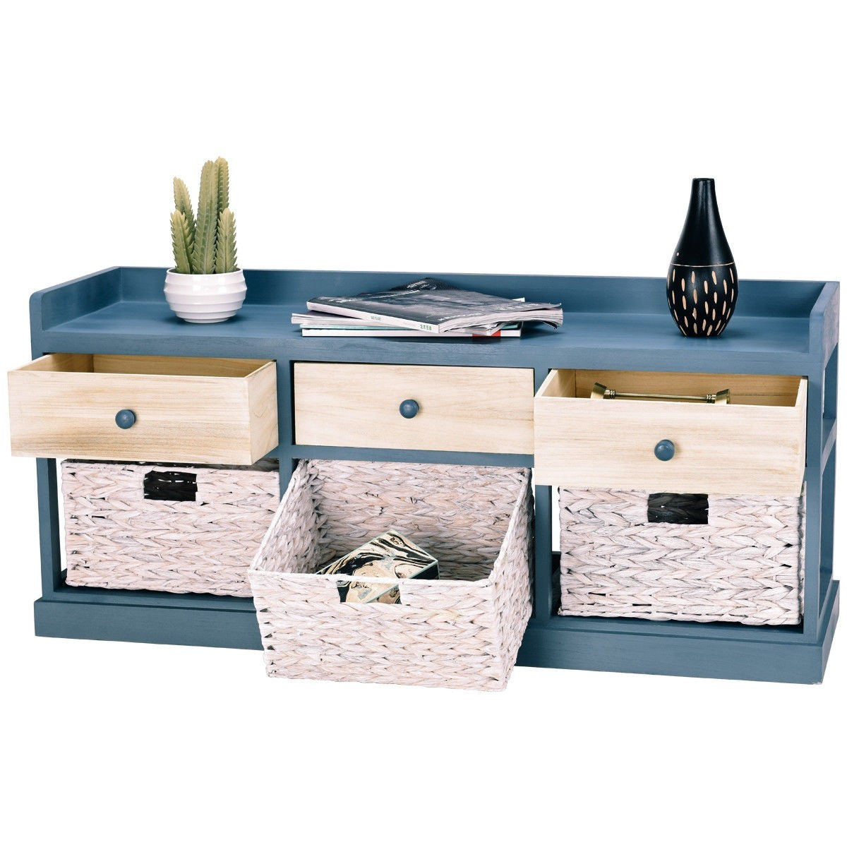 Side Table Chest Cabinet w/ 3 Wood Drawers and 3 Baskets